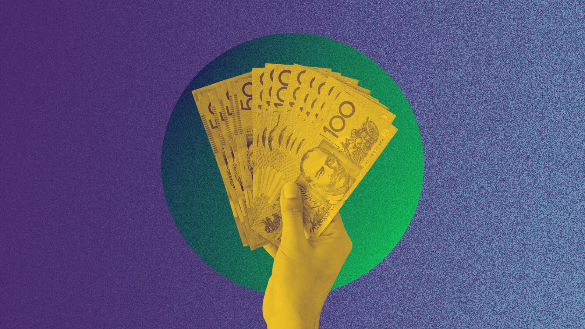 A yellow-coloured pop art-style hand holds a bunch of $50 and $100 notes, with a green circle behind on a purple background.