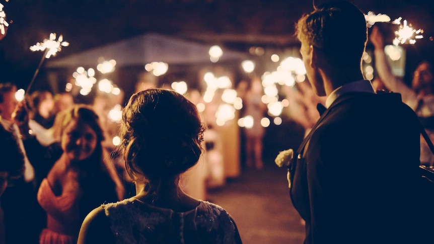 back of wedded couple at party