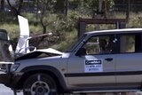 4WD crashes into road sign in crash tests to develop safer road signs.