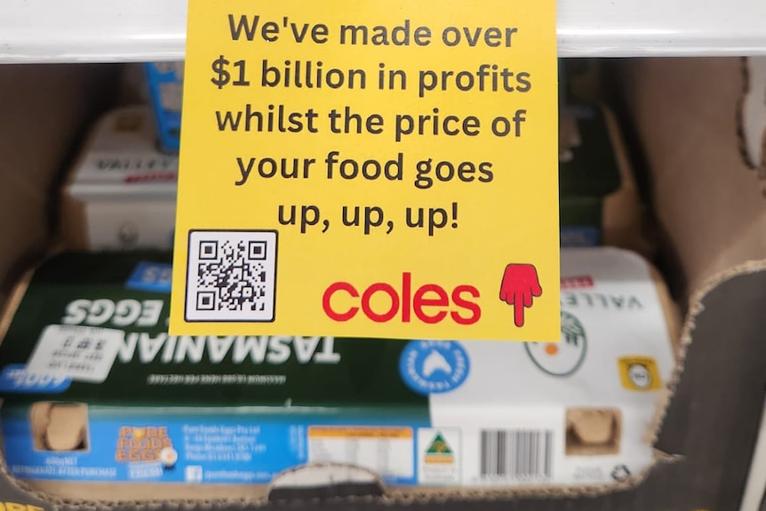 A photoshopped Coles shelf tag says "we've made over $1 billion in profits whilst the price of your food goes up, up, up"