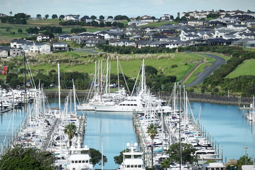 Two piers lined with small yachts and a larger yacht parked at the end.