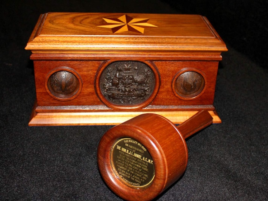 Wooden  mallet used by Prime Minister Bob Hawke to lay Parliament House foundation stone, 1983.