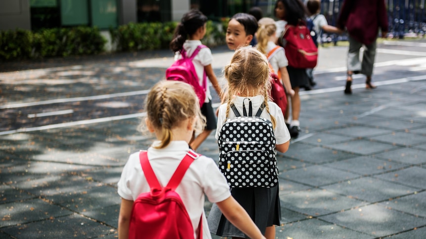 Students line up behind each other in the playground in an article about preparing children for starting school.