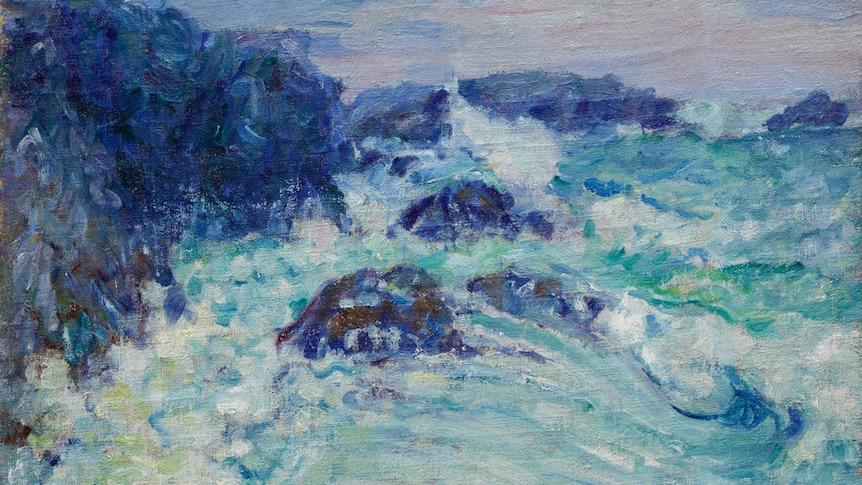 A painting of rough waves crashing against the rocks, made up of rough brushstrokes of different shades of blue and white