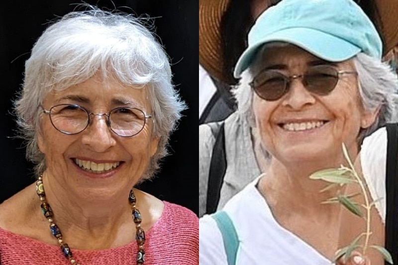 A composite of two images of a woman with cropped grey hair
