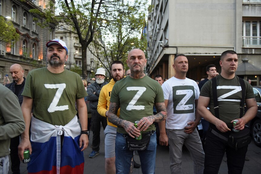 People wear T-shirts with letter Z during a pro-Russian protest in Serbia