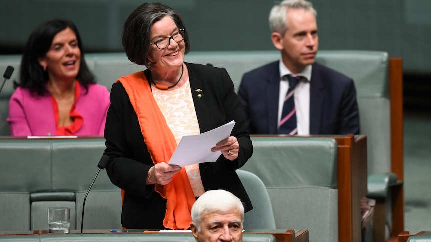 woman in  black blazer and orange shall wearing black rim glasses stands with paper in her hand in House of Representatives