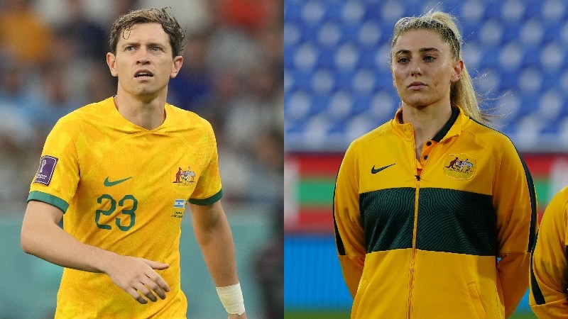 A male and female soccer player wearing yellow and green