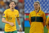 A male and female soccer player wearing yellow and green