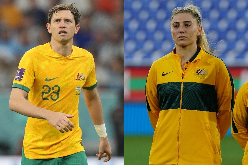 A male and female soccer player wearing yellow and green