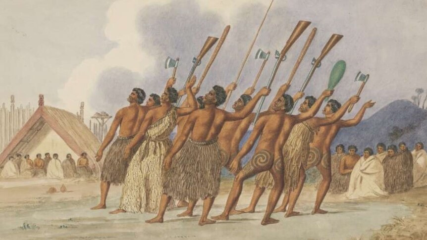 A watercolour painting depicting a Maori war dance. The men are tattooed. Some hold clubs and axes, others hold musket guns.