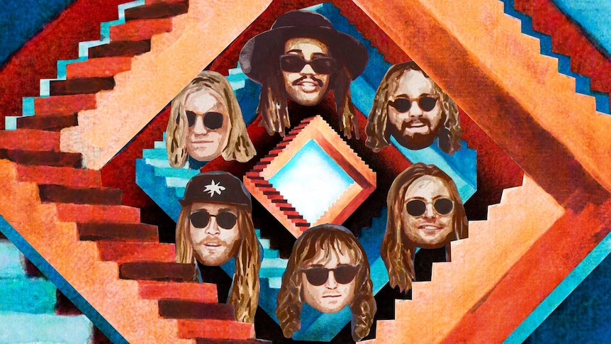 A painting of faces of the six members of Ocean Alley floating against a backdrop of infinite staircaeses