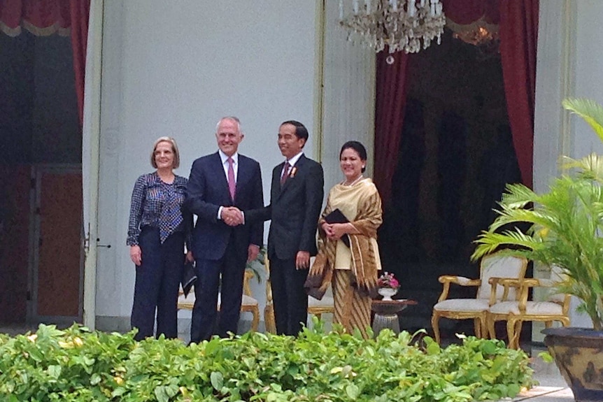 The leaders meet in Indonesia during Malcolm Turnbull's five-nation tour