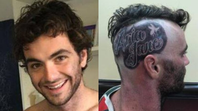 Two pictures of a man, one facing the camera, the other a profile of his head with a tattoo on it which reads Aria Jane.