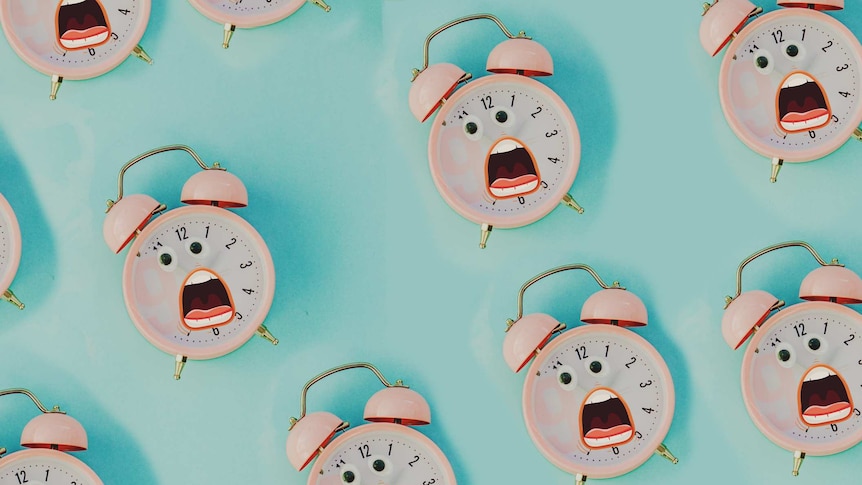 A stylised image of alarm clocks with screaming faces on them