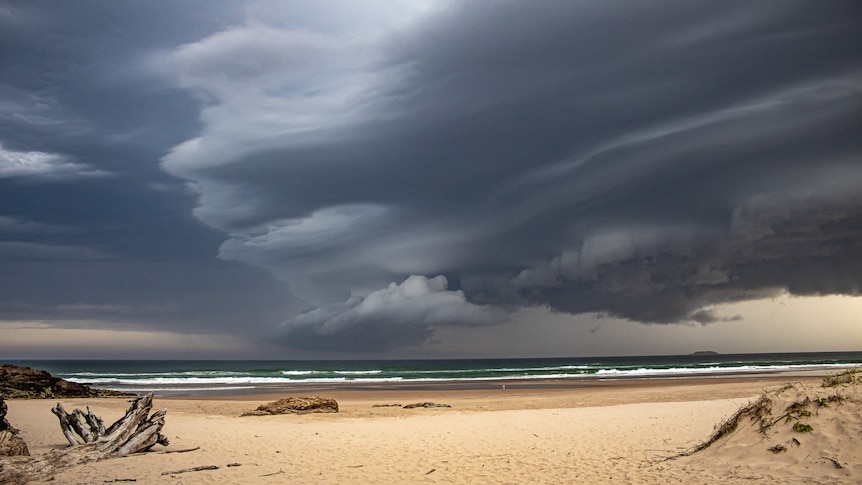 Storm clouds loom over beach.