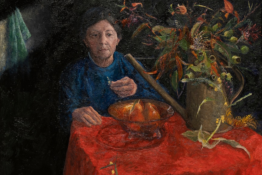 A painting of a woman at a table.