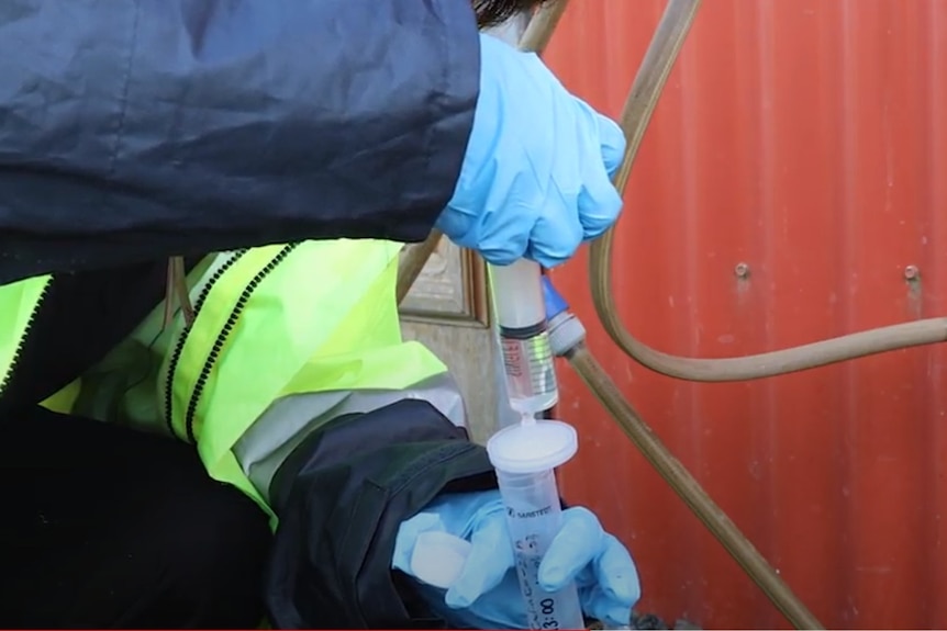 Manos enguantadas inyectando agua en otra jeringa junto a un tanque de agua de hojalata