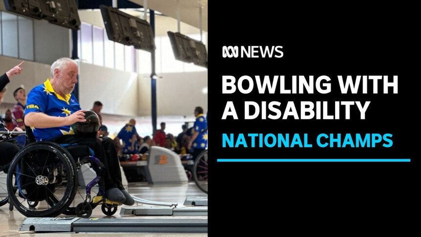Bowling with a Disability, National Champs: A man in a wheelchair holding a bowling ball.
