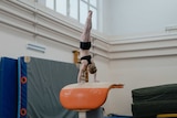 A young gymnast doing a handstand on a piece of gym equipment