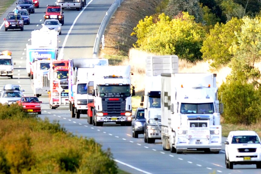 A protest truck convoy drives into Canberra