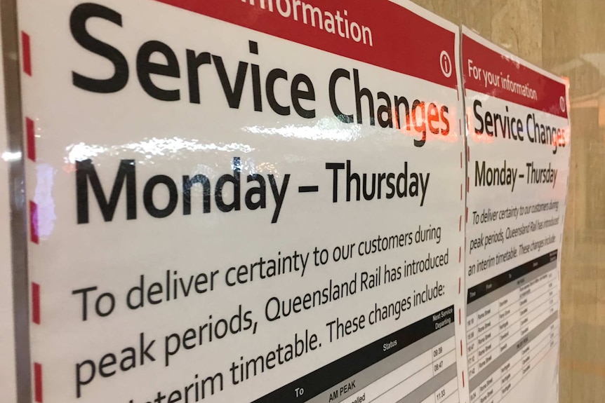 Signage at Roma Street station announcing changes to train services