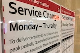 Signage at Roma Street station announcing changes to train services
