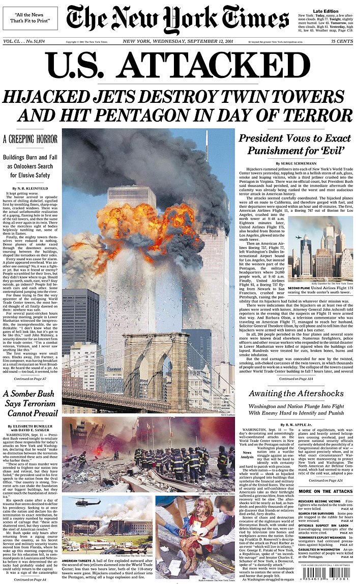 An image of the New York Times front page with the two burning towers before they collapsed, rubble and injured woman