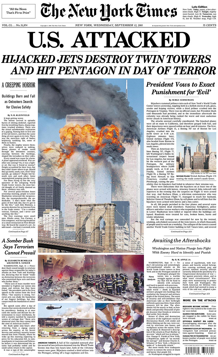 An image of the New York Times front page with the two burning towers before they collapsed, rubble and injured woman