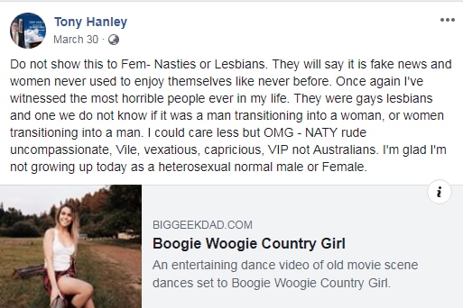 A Facebook post about "Fem-nasties" and "Lesbians".