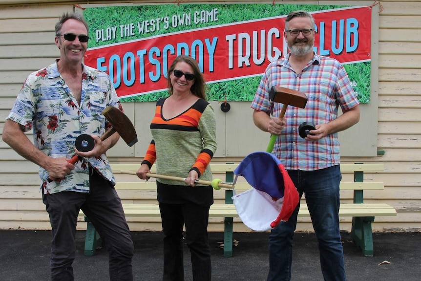 Footscray Trugo Club committee members Stuart and Liana Lucca-Pope and Justin Mansfield.