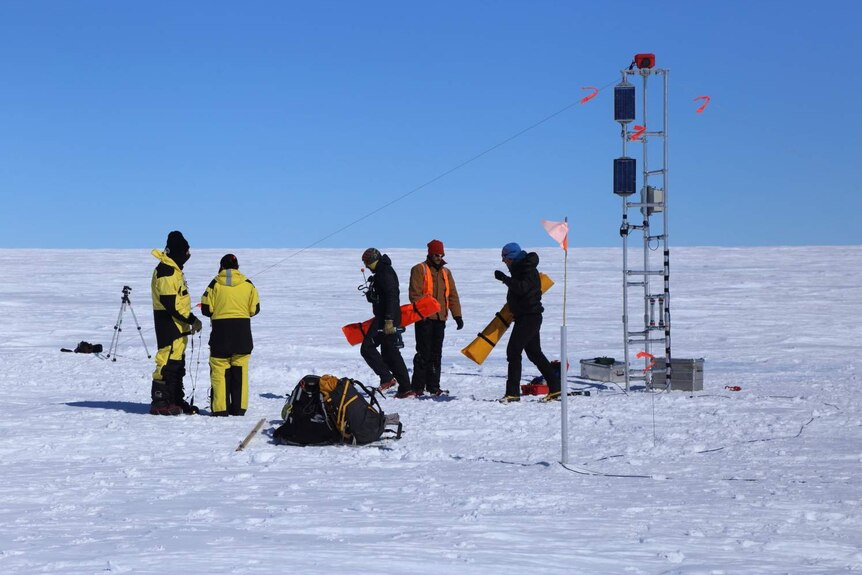 Christian Schoof's research team set up for measurements on the Sorsdal Glacier, Antarctica. December 2016