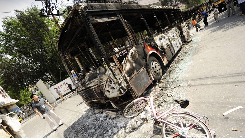 Bus lays in ruins in Urumqi