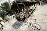 Bus lays in ruins in Urumqi