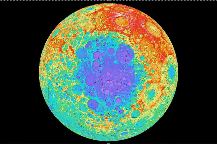 Elevation map of the South Pole-Aitken basin on the far side of the moon.