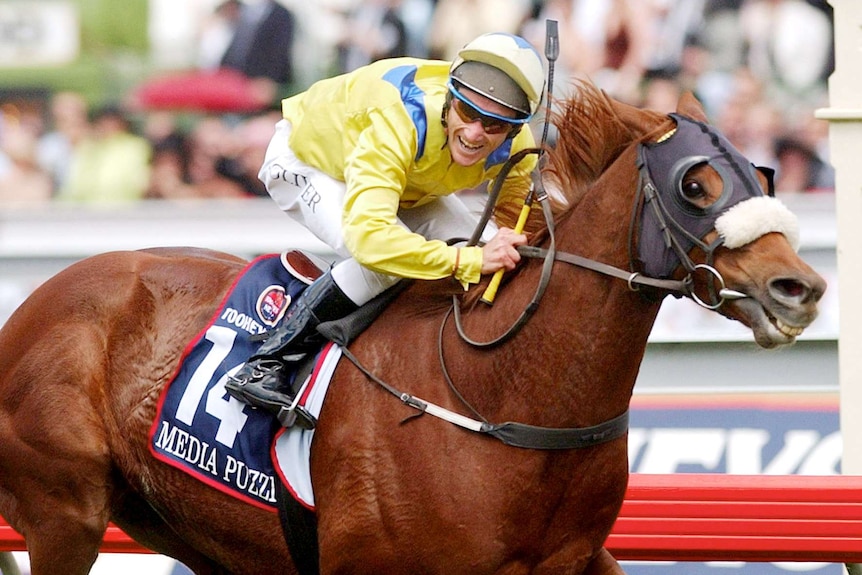 Damien Oliver and Media Puzzle win the 2002 Melbourne Cup at Flemington.