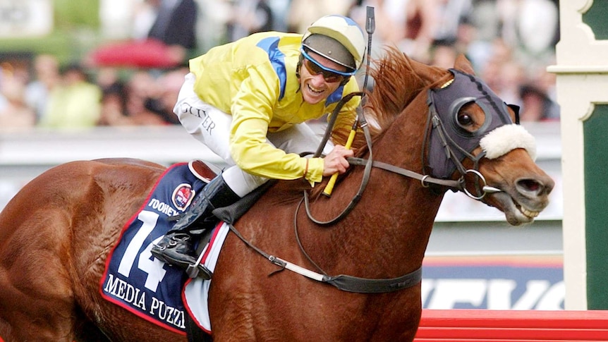 Damien Oliver and Media Puzzle win the 2002 Melbourne Cup.