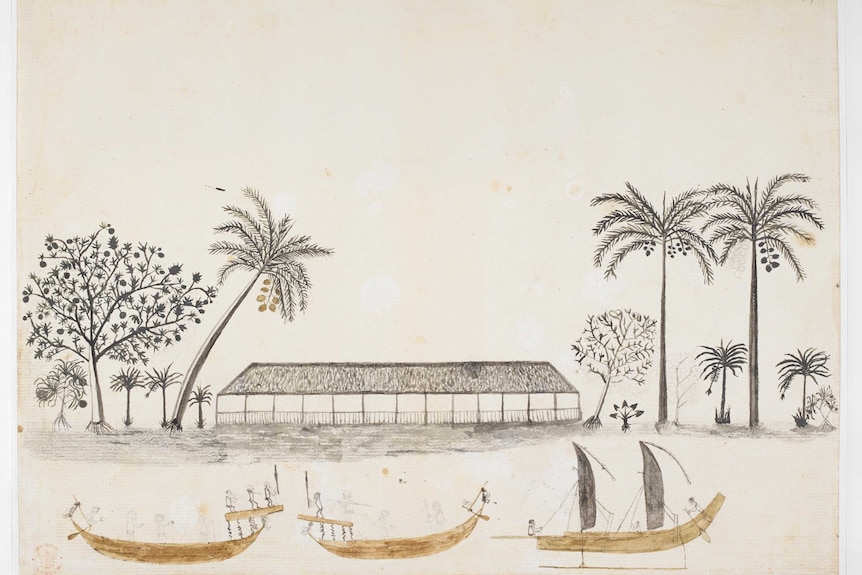 An illustration of a traditional Tahitian longhouse, different types of trees and three canoes with men on them.