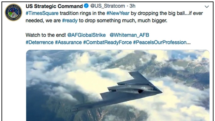 A still of the now deleted tweet containing a picture of a stealth bomber.