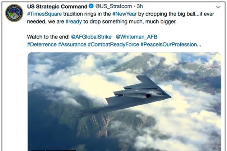 A still of the now deleted tweet containing a picture of a stealth bomber.
