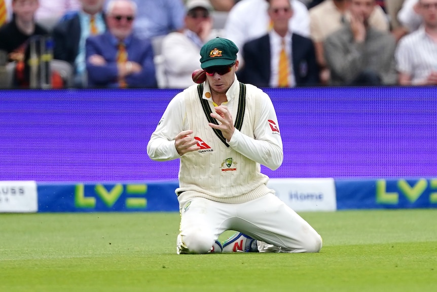 Australia fielder Steve Smith drops a catch in the field during an Ashes Test at Lord's.