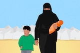 Illustration of a woman wearing a burka, holding her baby and child's hand.