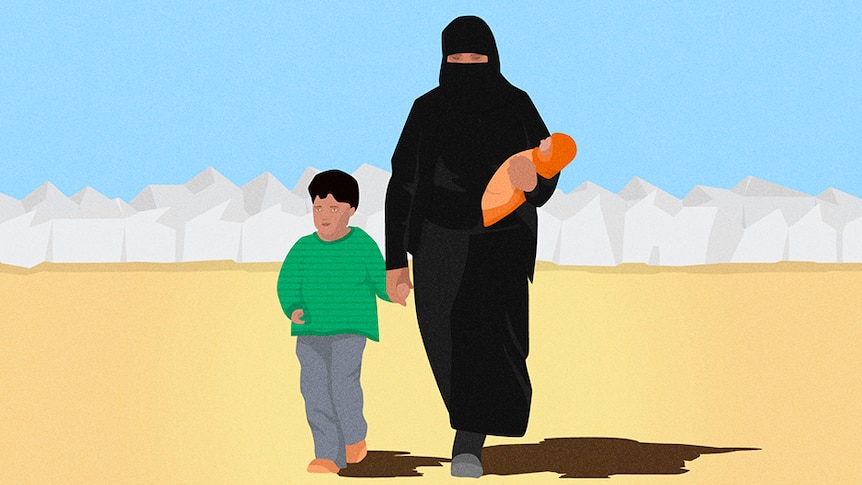 Illustration of a woman wearing a burka, holding her baby and child's hand.