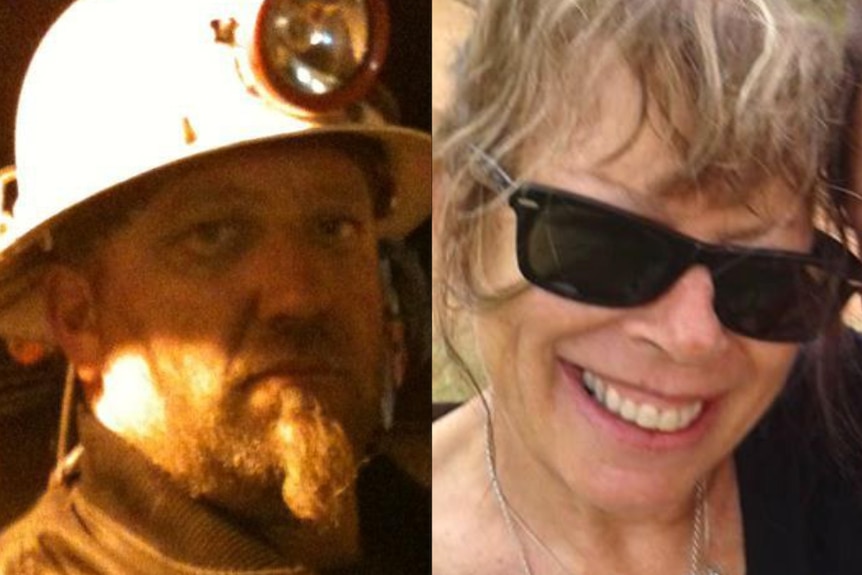 A composite image of Shaun Southern wearing mining gear and a hard hat alongside a smiling Jennifer Pratt in sunglasses.