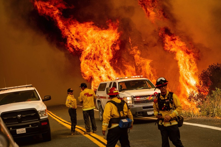 Emergency workers stand on road next to vehicles as dramatic flames burn through grass behind them.