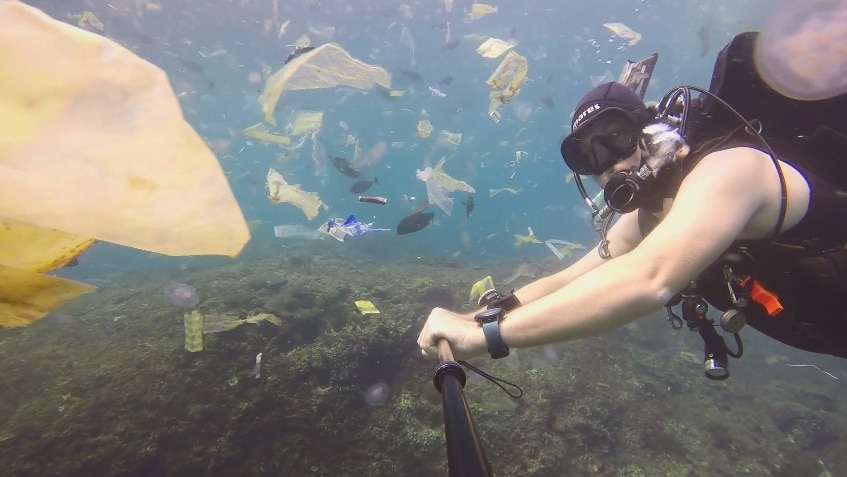 Ocean rubbish off Bali coast.