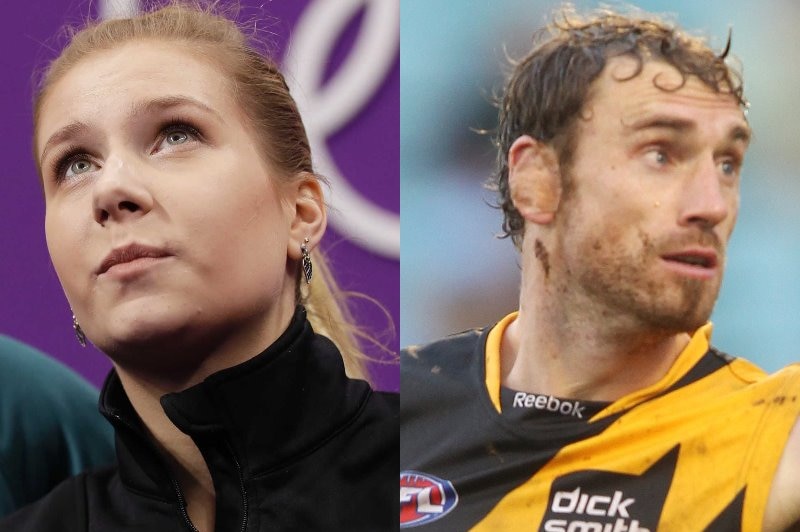 A composite image of a female Australian representative figure skater and a male Richmond AFL footballer.