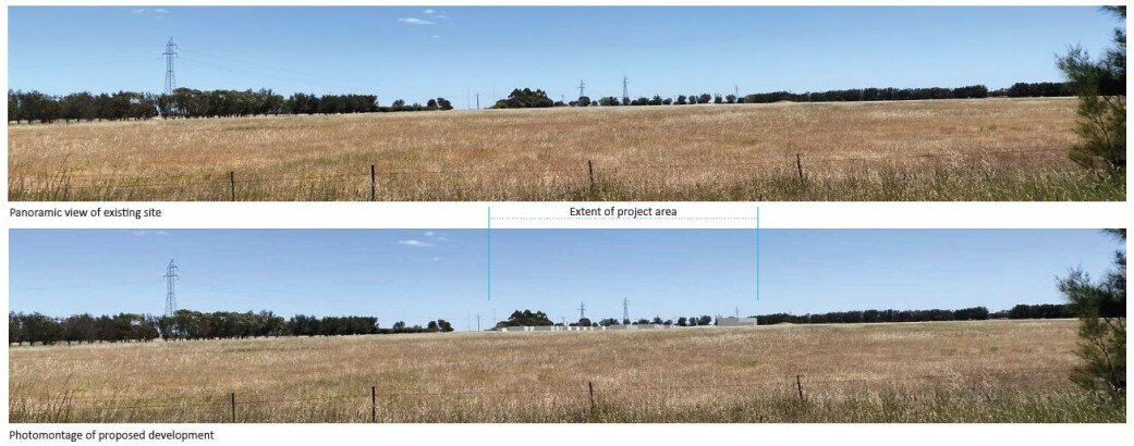 Two panoramic photos of a field, the bottom one with some batteries in the background