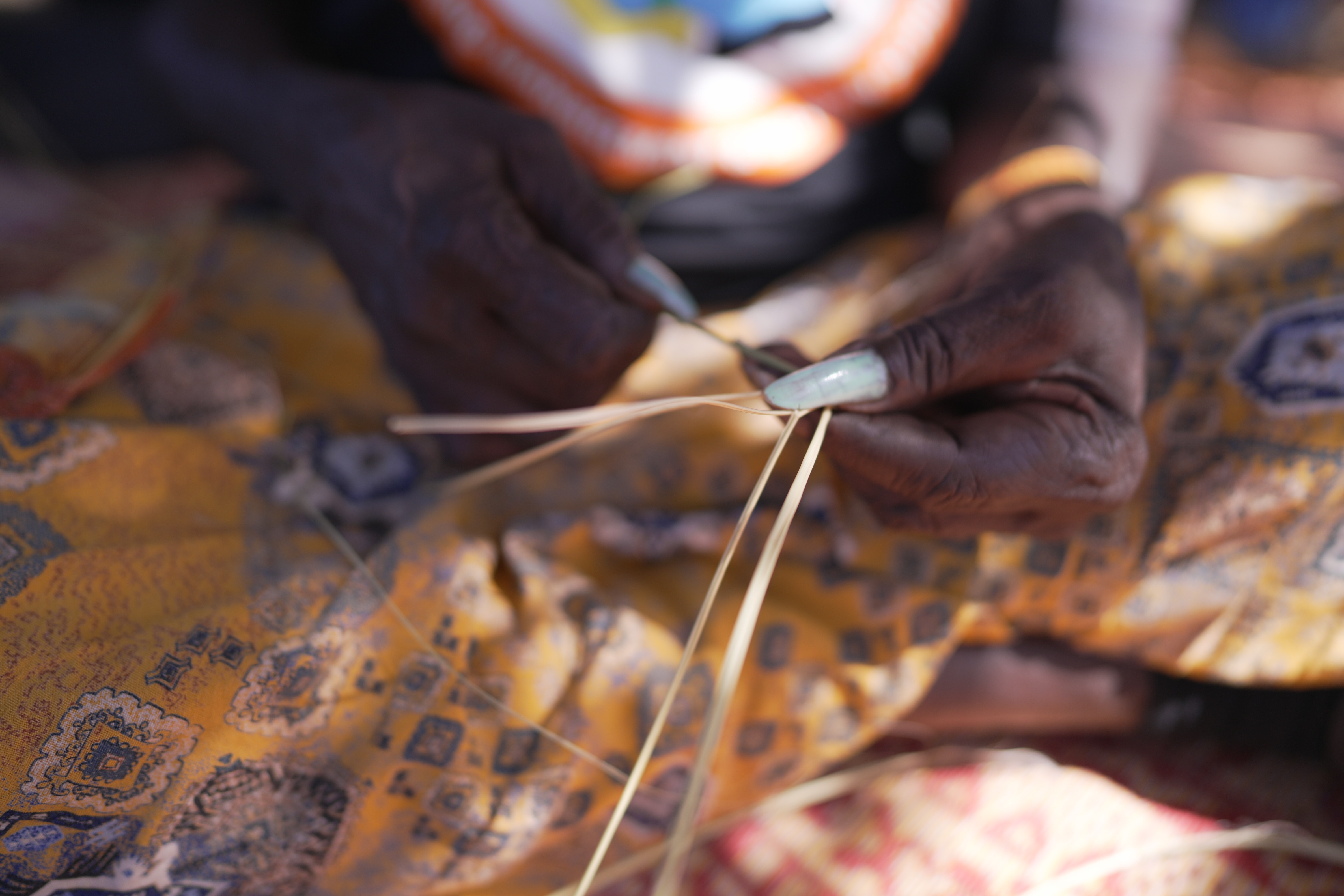 A woman demonstrates basket weaving.