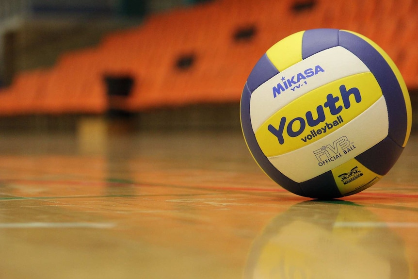 A close-up photo of a white, yellow and purple volleyball lying on an indoor court with orange seats in the background.